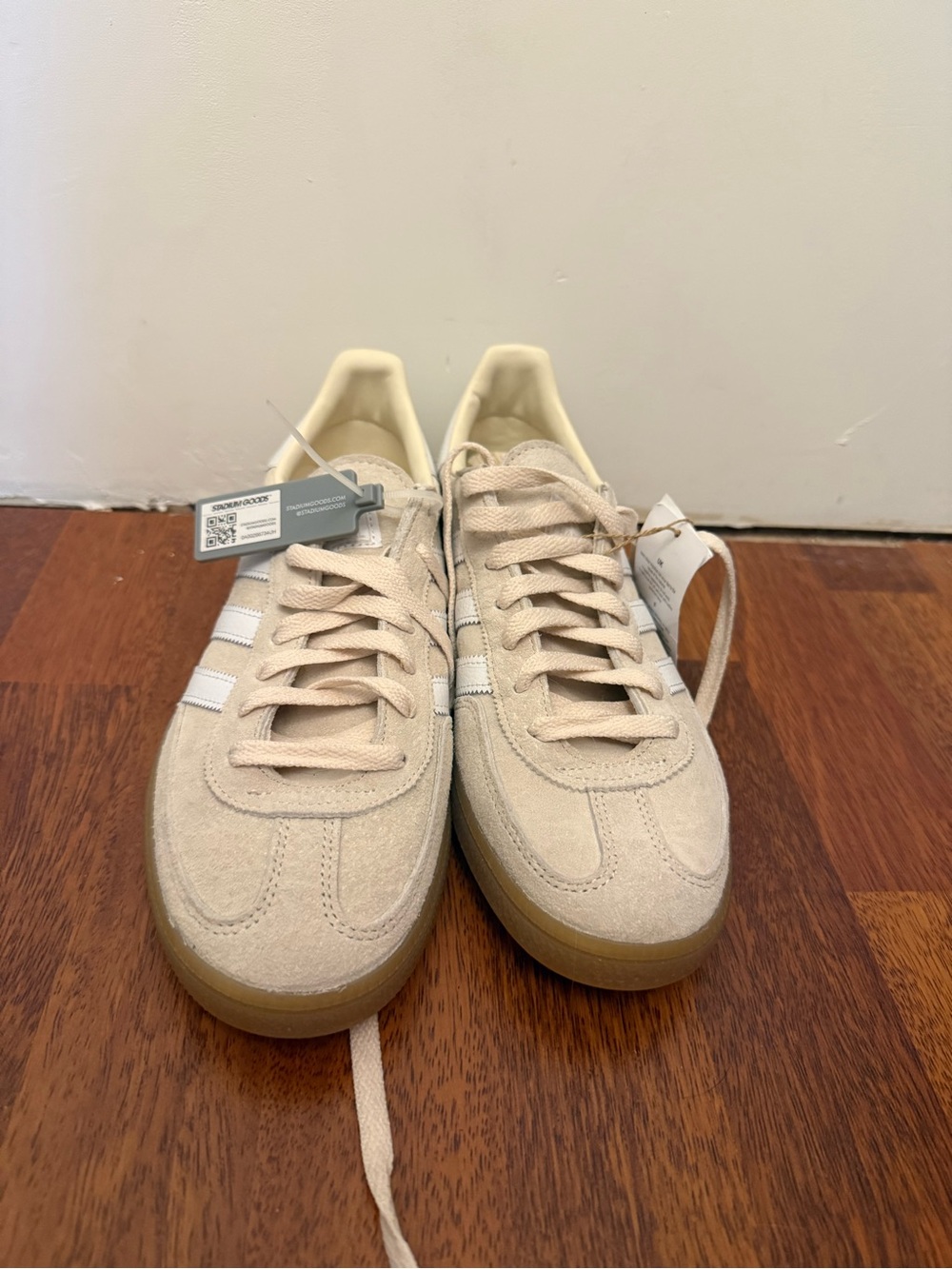 adidas Women’s Beige Suede Sneakers with White Stripes